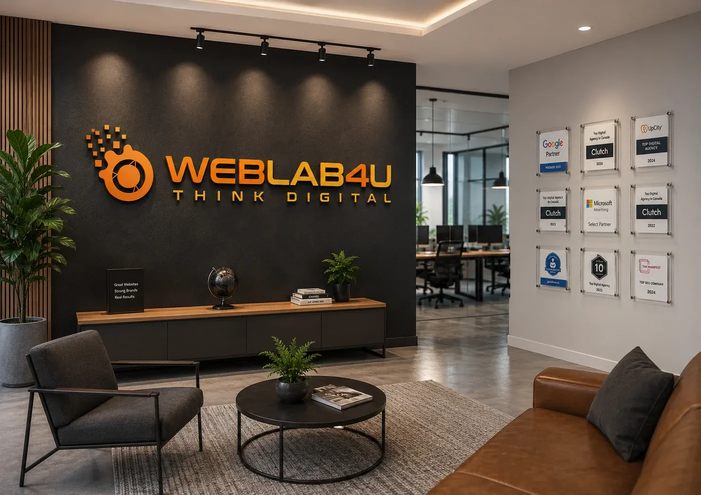 The WEBLAB4U office in Mississauga, with Google Partner, Clutch and Microsoft Advertising awards on the wall