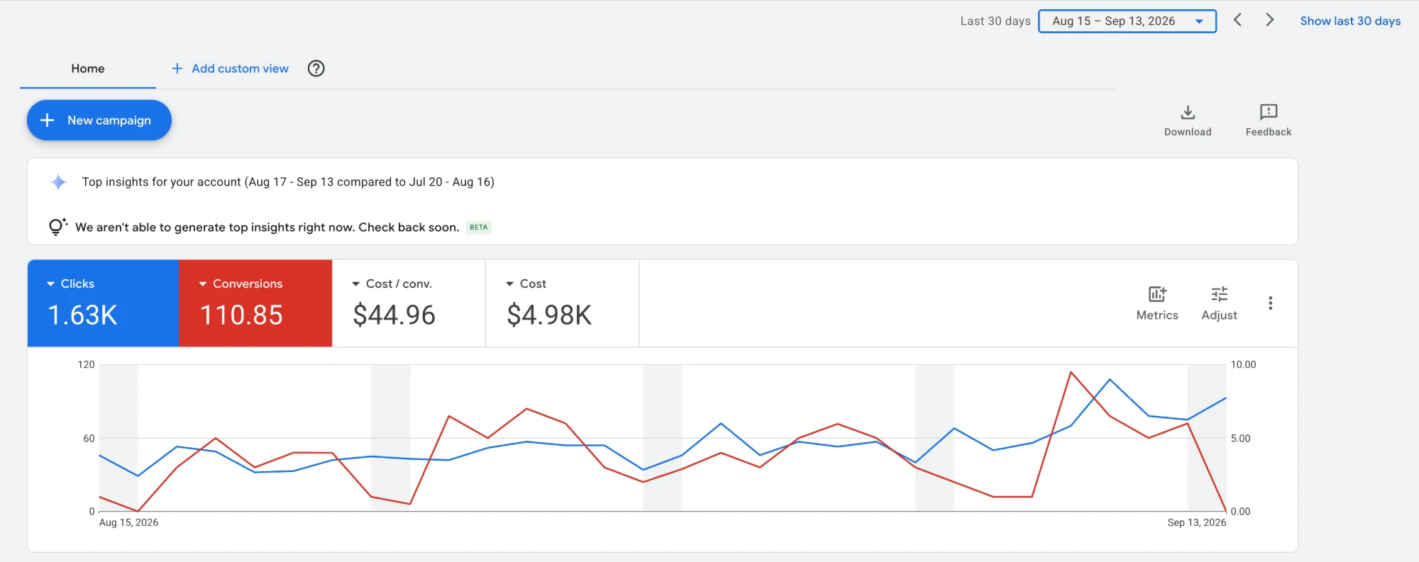 Google Ads overview for the last 30 days showing 1,630 clicks, 111 conversions and a $44.96 cost per conversion on $4,980 spend