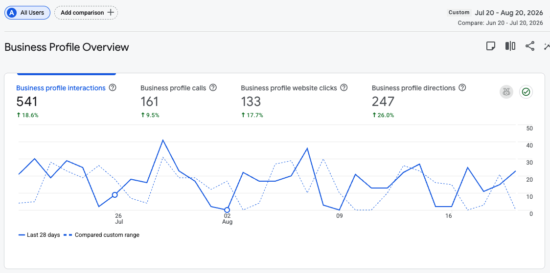 Google Analytics Business Profile overview showing 541 interactions, 161 calls, 133 website clicks and 247 direction requests