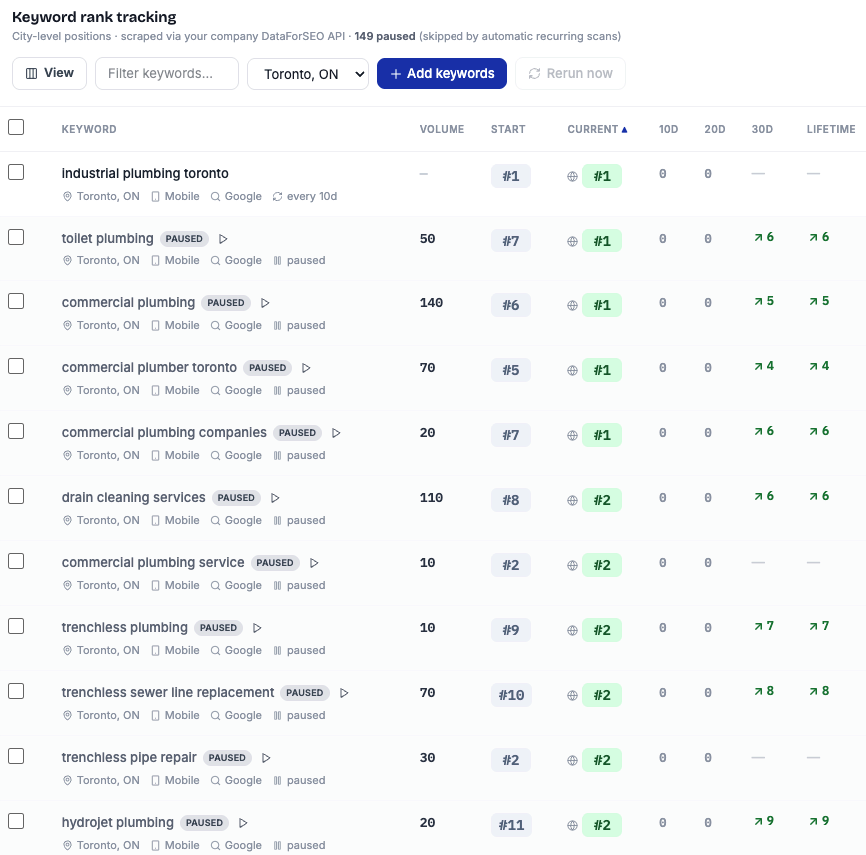 Keyword rank tracking for Toronto plumbing terms showing multiple keywords moving to position one