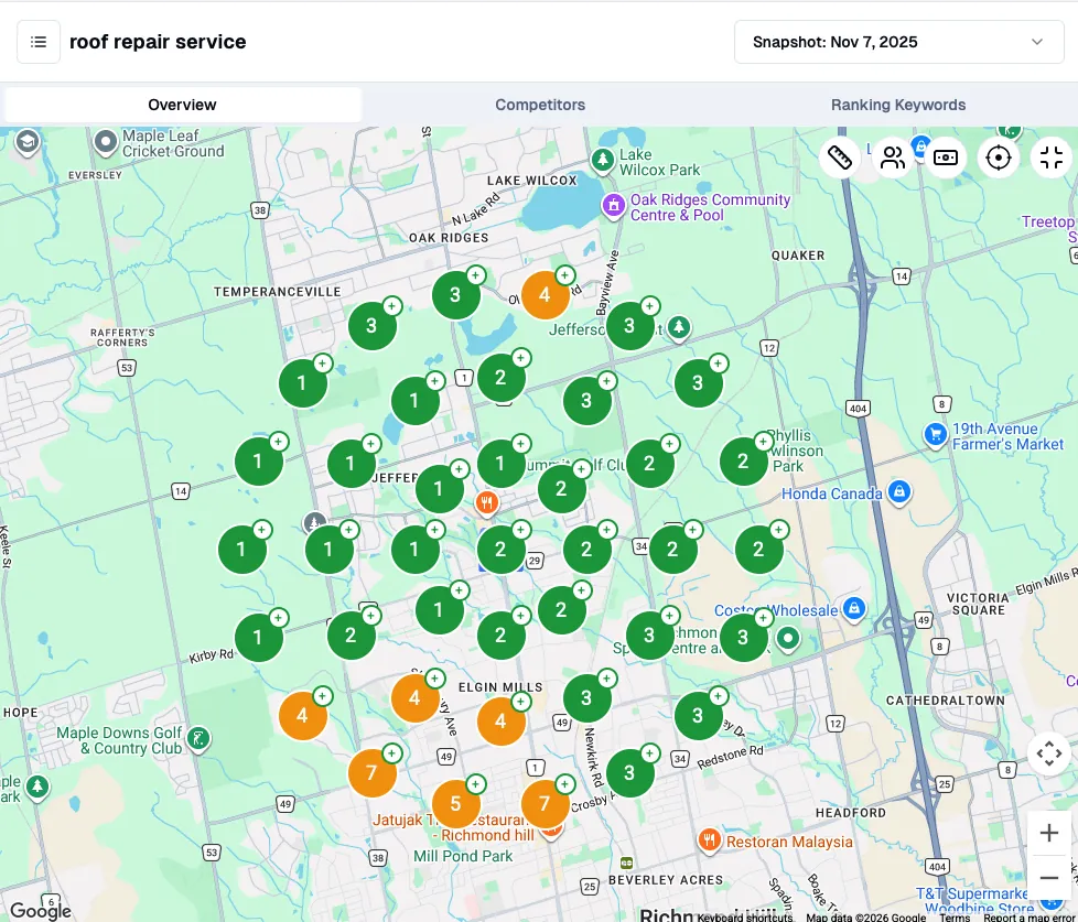 Geo-grid scan for roof repair service across Richmond Hill showing near complete top three coverage