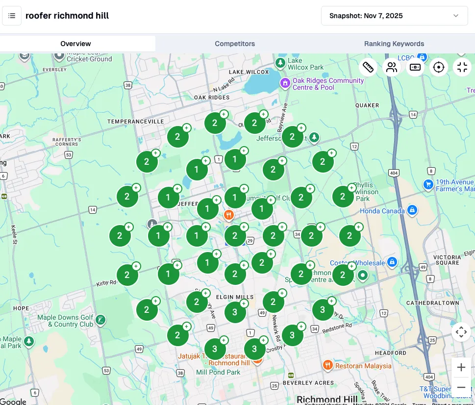Geo-grid scan for roofer in Richmond Hill with every scanned point ranking in the top three