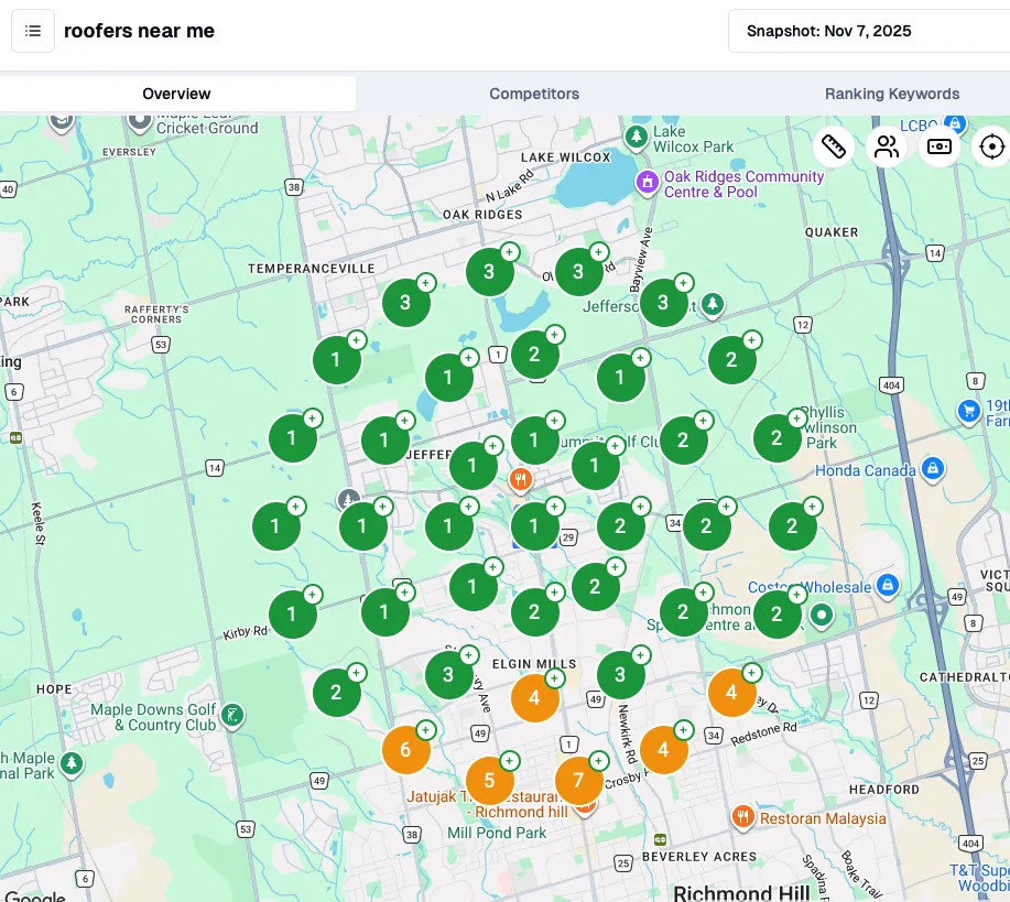 Geo-grid scan for roofers near me across Richmond Hill showing almost every point in the top three