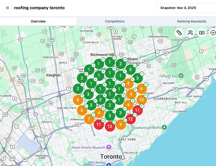 Geo-grid scan for roofing company in Toronto showing top three rankings across the north and east of the city