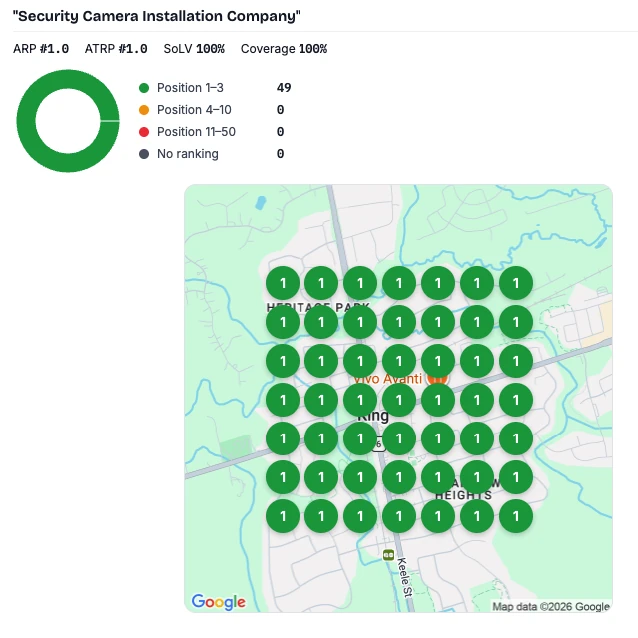 Geo-grid scan for security camera installation in King City with every one of 49 points ranking first